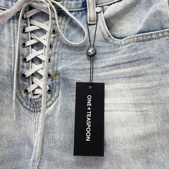 NWT One Teaspoon Truckers Jeans Size 26 Lace Up Mid Rise Straight Leg Light Wash - Picture 10 of 13
